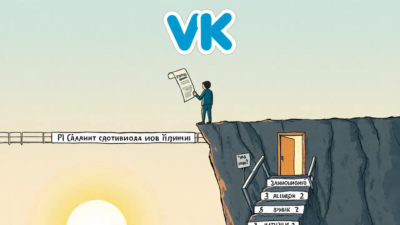 Человек стоит на краю пропасти, перед ним мост из шагов к уверенности.