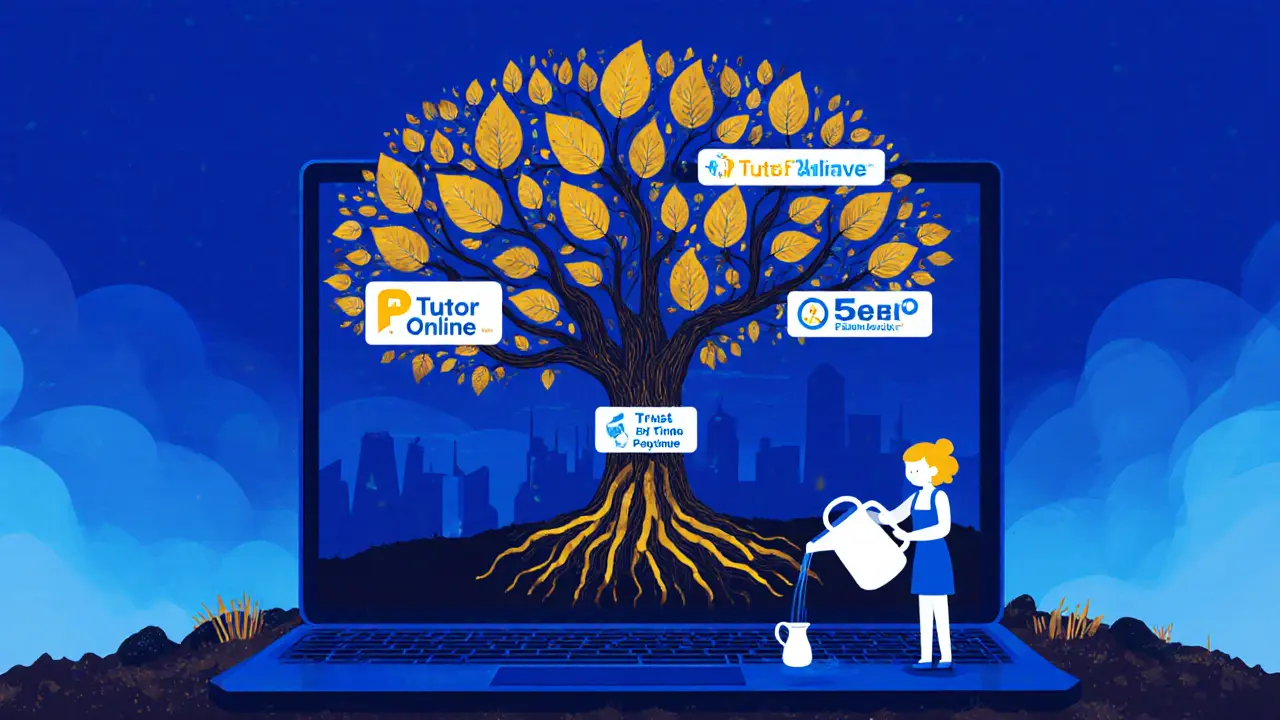 Цифровое дерево с платформами ветвями, корни — в доверии и своевременной оплате.