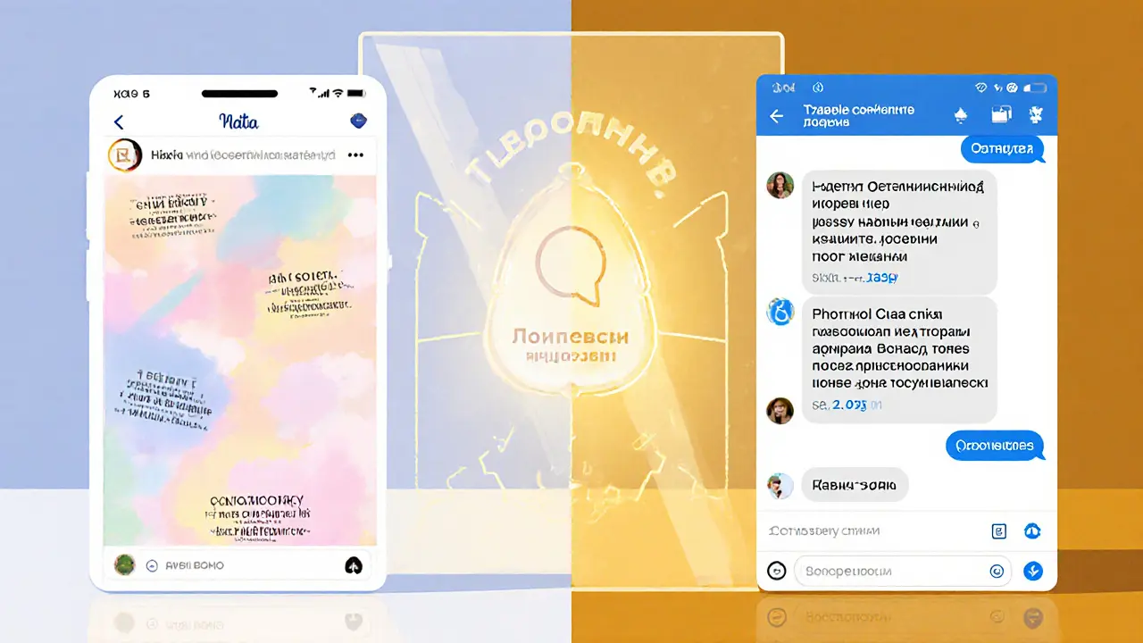 Разделённая сцена: публичный пост и закрытый чат, разделённые барьером стоп-слов.