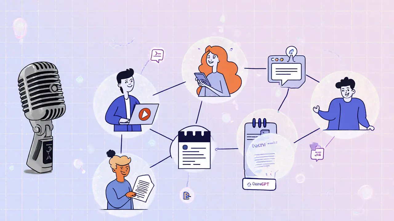 Пошаговая схема репурпозинга контента с использованием инструментов в милой мультяшной стилистике.