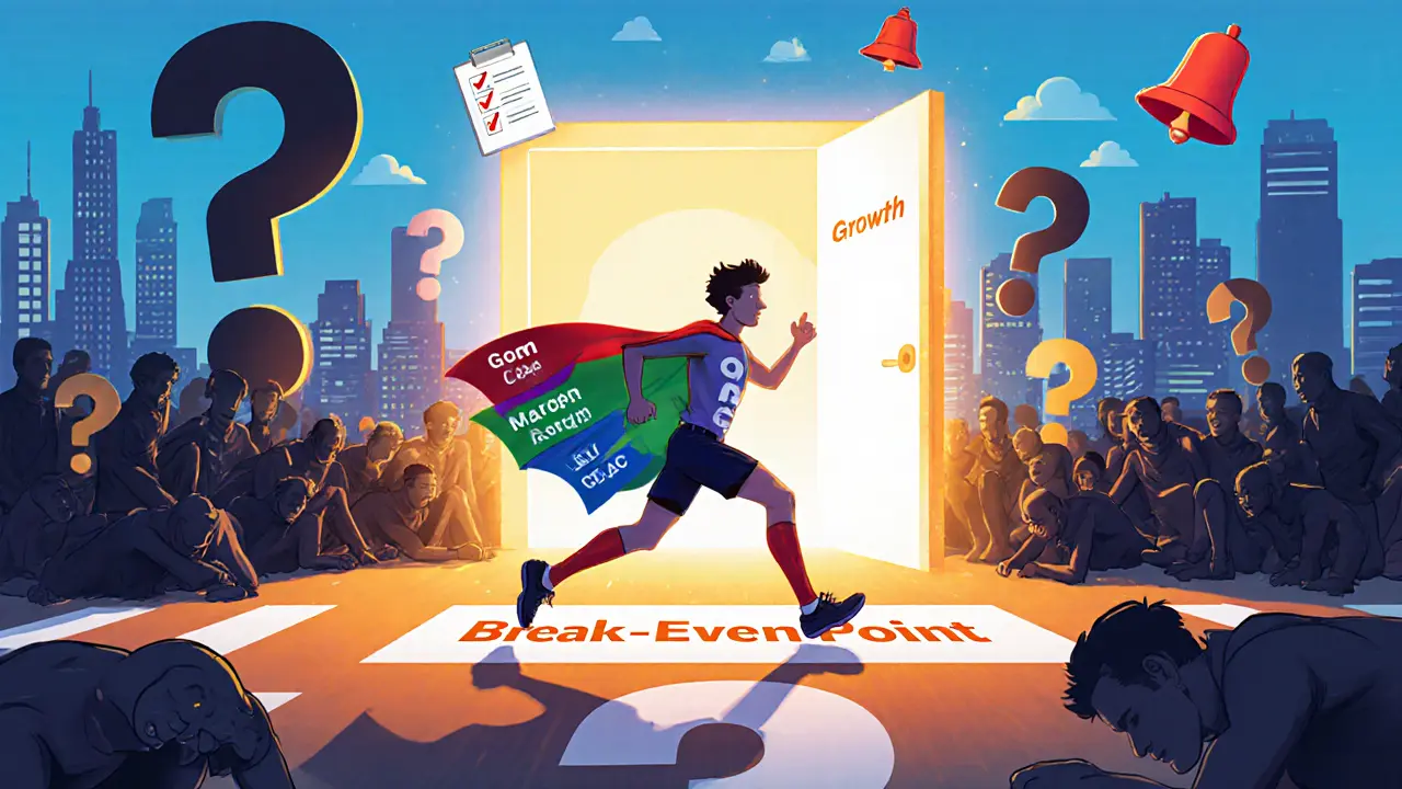 Предприниматель пересекает линию окупаемости, за ним — провалы неудачных запусков.