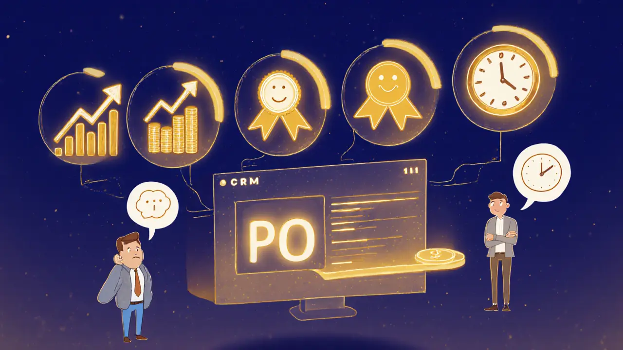 Цифровая панель с пятью ключевыми KPI инфобизнеса, освещённая тёплым светом, рядом менеджер превращается в наставника.