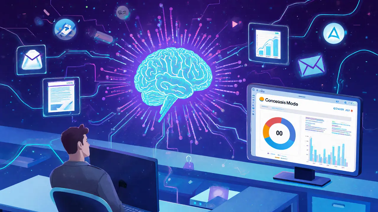 Цифровая панель с потоками данных и ИИ-аналитикой в офисе, рядом — устаревший экран Google Analytics.