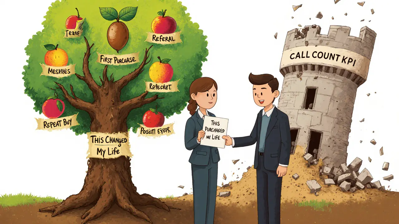 Клиент дарит менеджеру записку &#039;Это изменило мою жизнь&#039;, а дерево растёт из первой покупки с плодами повторных продаж.