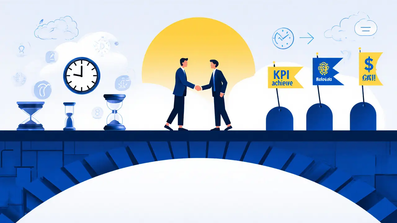 Мост от часовой ставки к ценности: консультант и клиент рукопожимают на фоне меток KPI.