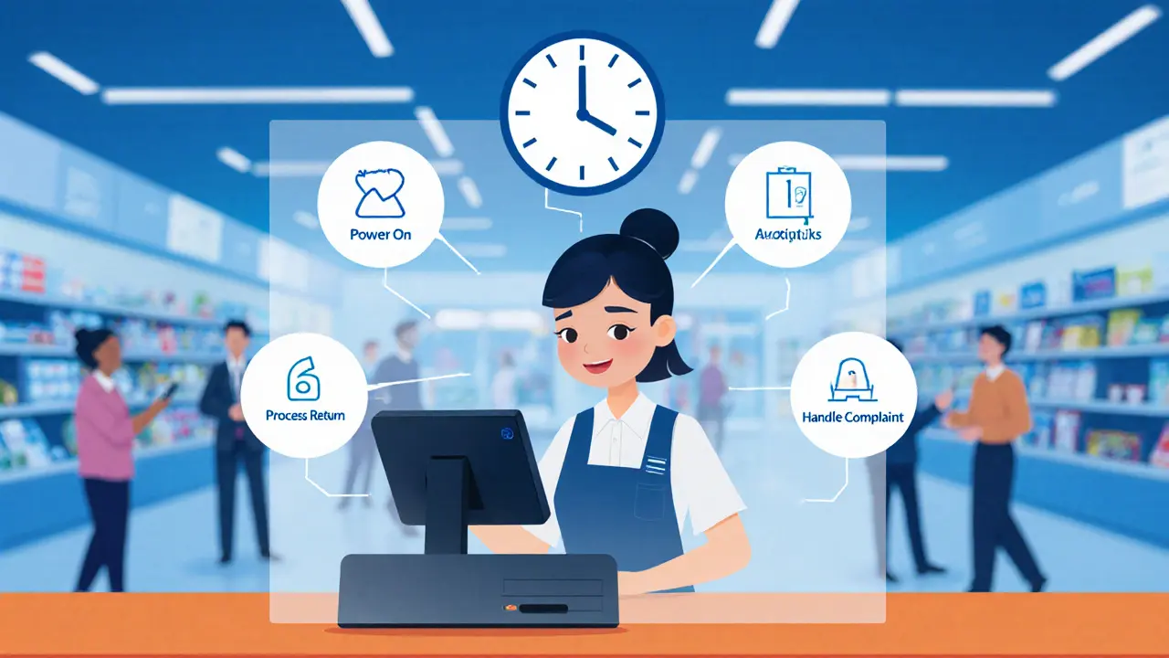 Сотрудник ритейла учится работать с кассой через голограмму с шагами, показанными на телефоне.