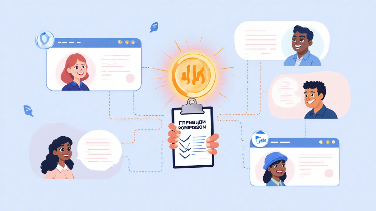 Цепочка людей передаёт бонус за рекомендацию, учитель в центре с табличкой &#039;Первые 100&#039;.