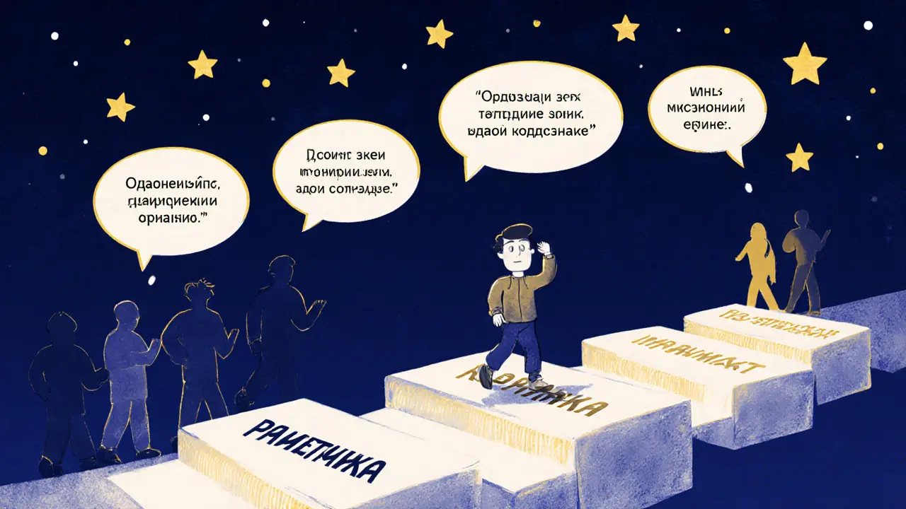 Студент идёт по пути к результату, над ним — пять отзывов, как звёзды, в тёмном небе.