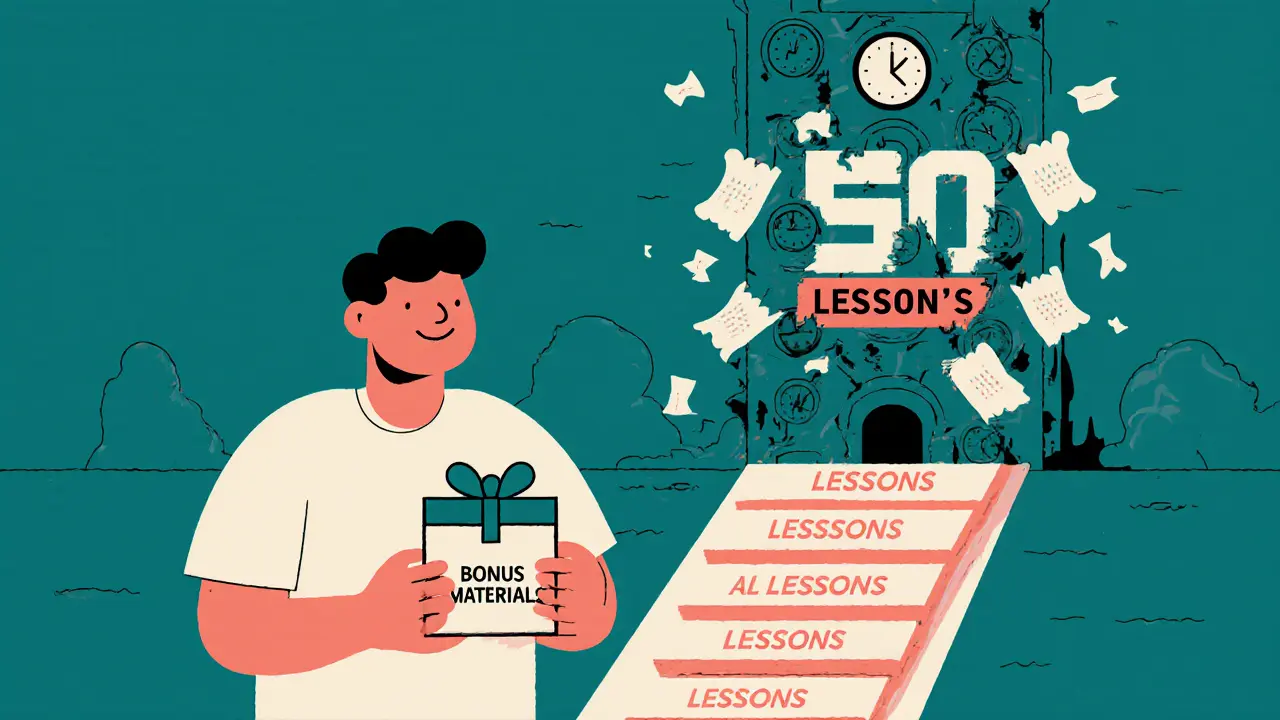 Человек держит бонусы, стоя на коротком пути из 12 уроков, рядом — руины длинного курса.