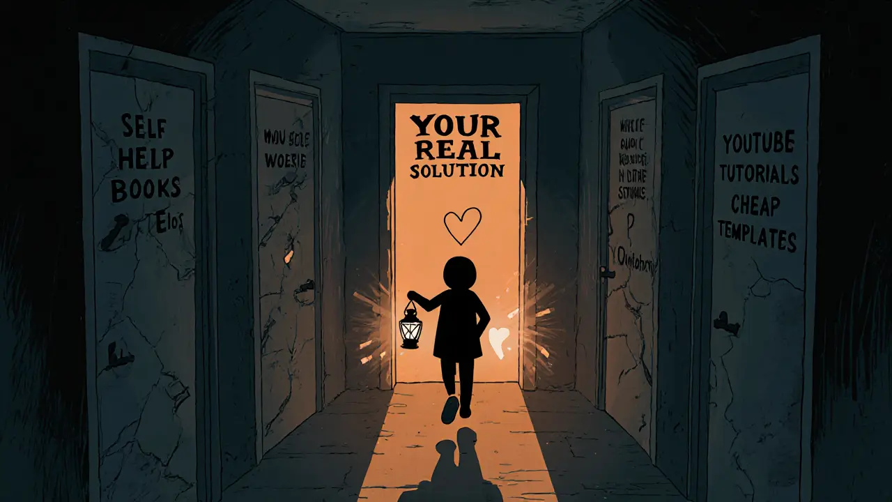 Клиент стоит перед дверью с решением, остальные пути разрушены, а сердце-фонарь светит путь к переменам.