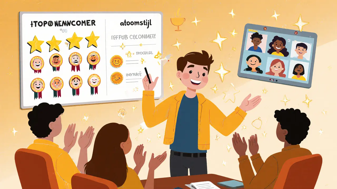 Преподаватель представляет улучшение урока, команда одобряет, на стене — табло лучших новичков