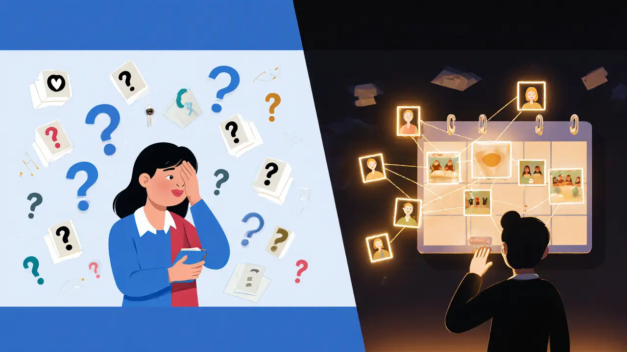 Сравнение хаотичного и организованного контент-планирования для онлайн-школы в стиле иллюстрации.