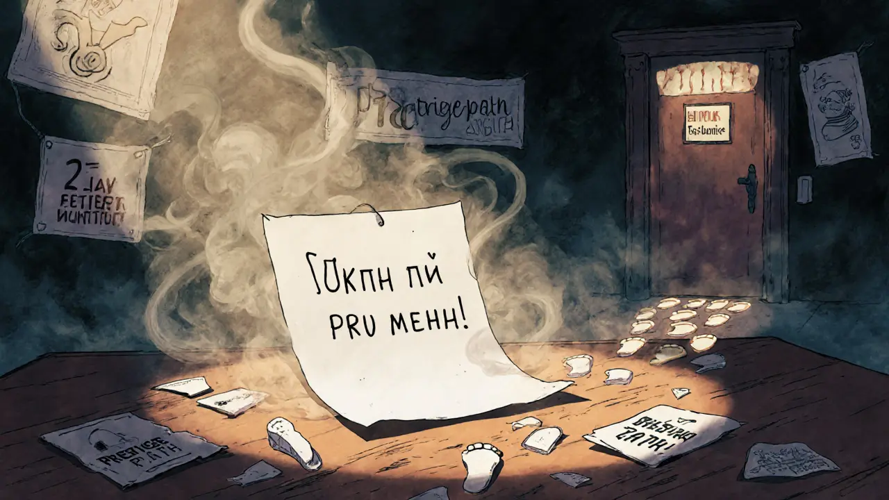 Записка &#039;Это про меня&#039; посреди разлетающихся старых рекламных материалов, ведущая к новому пути.