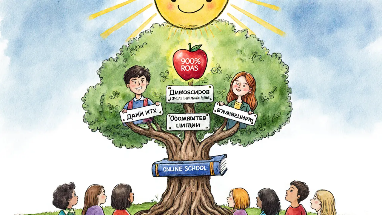 Дерево доверия, выросшее из онлайн-школы, с тремя блогерами-посланниками и плодом ROAS 900%.