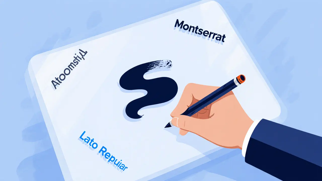 Рука рисует простой логотип, окруженный едиными шрифтами в стиле атомстиль.