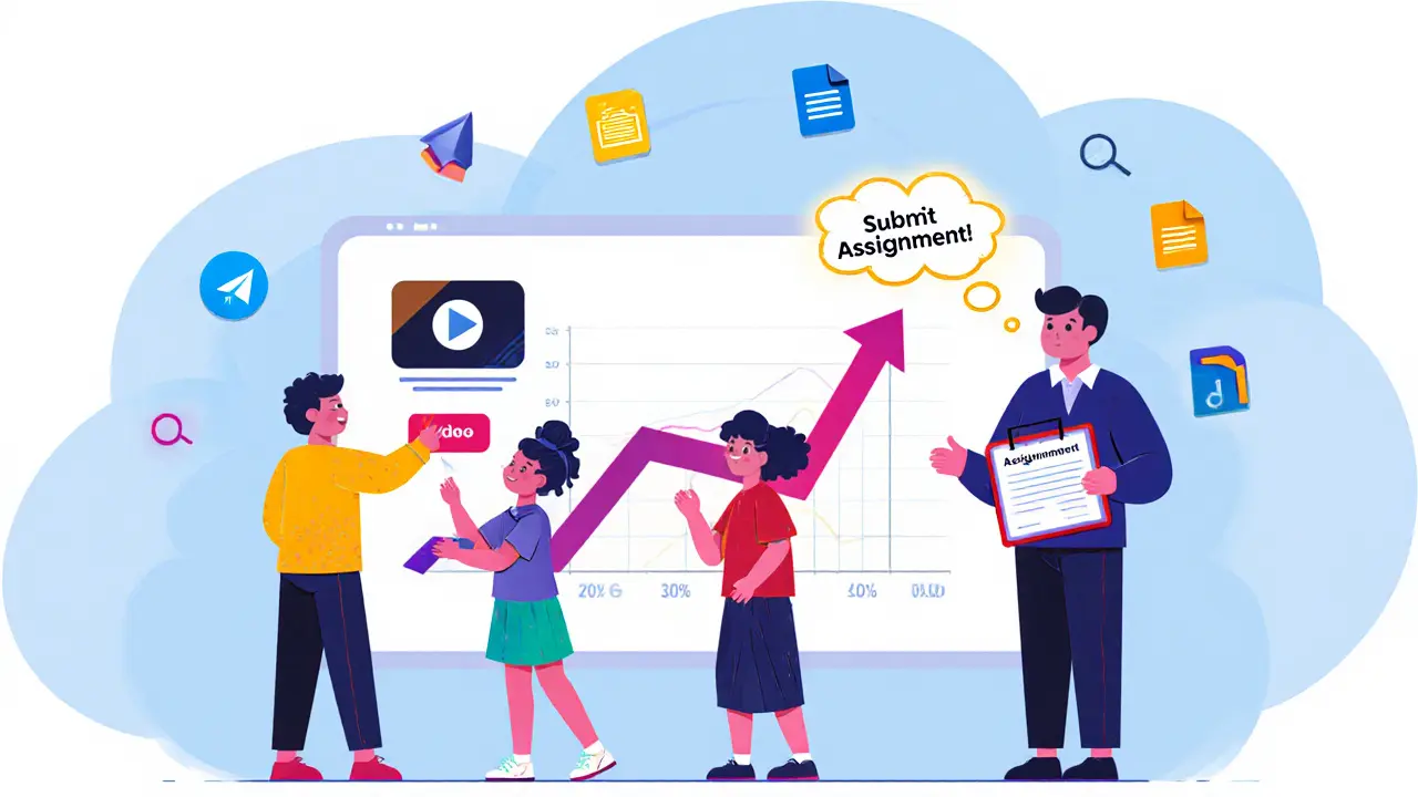 Студенты в облаках получают сертификаты за выполнение заданий, учитель наблюдает за прогрессом.