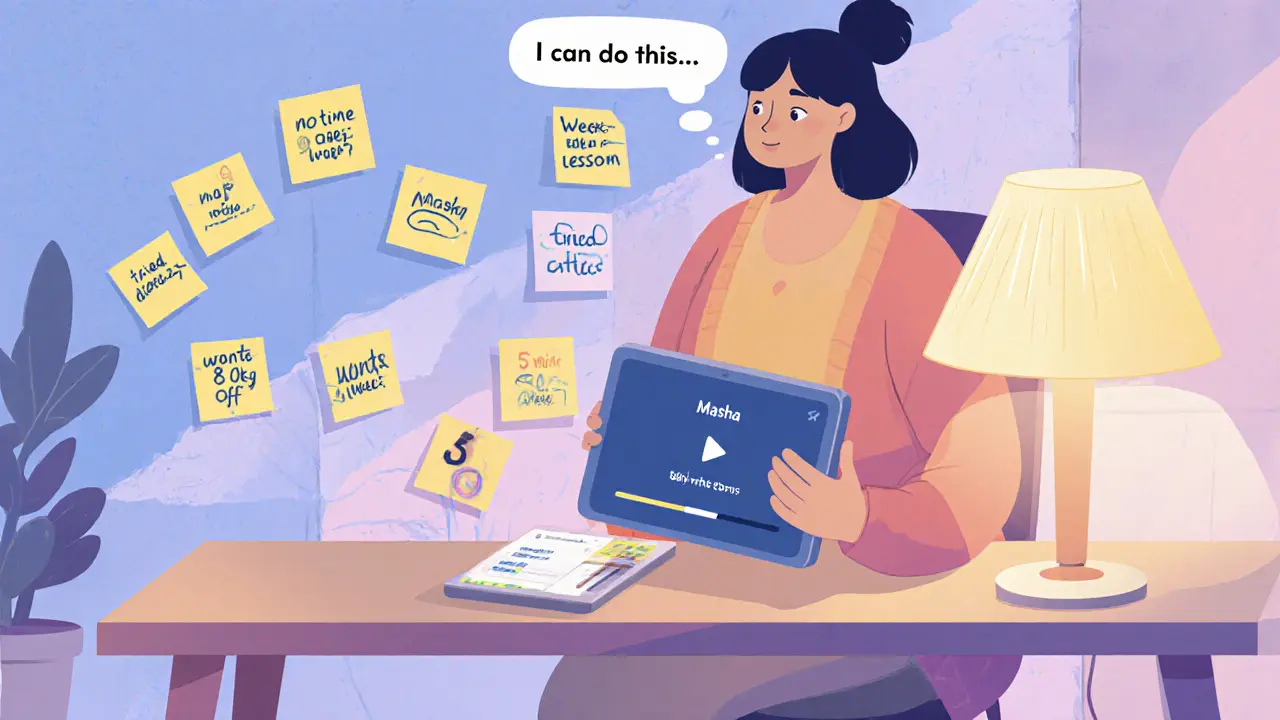 Женщина смотрит короткий урок на планшете, вокруг неё заметки о её целях и трудностях.