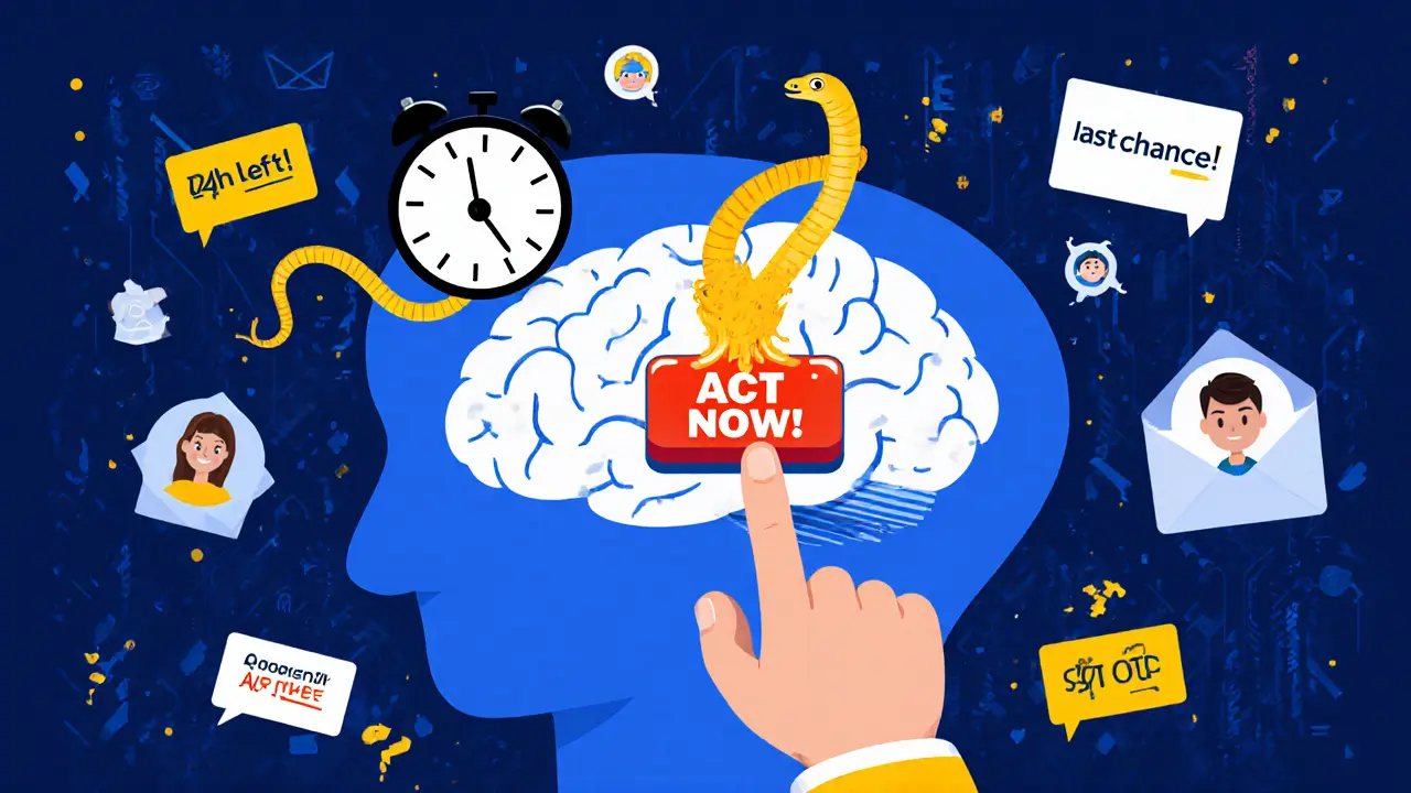 Человеческий мозг с нажатой кнопкой &#039;Действуй сейчас&#039;, окруженный таймерами и письмами с промокодами.