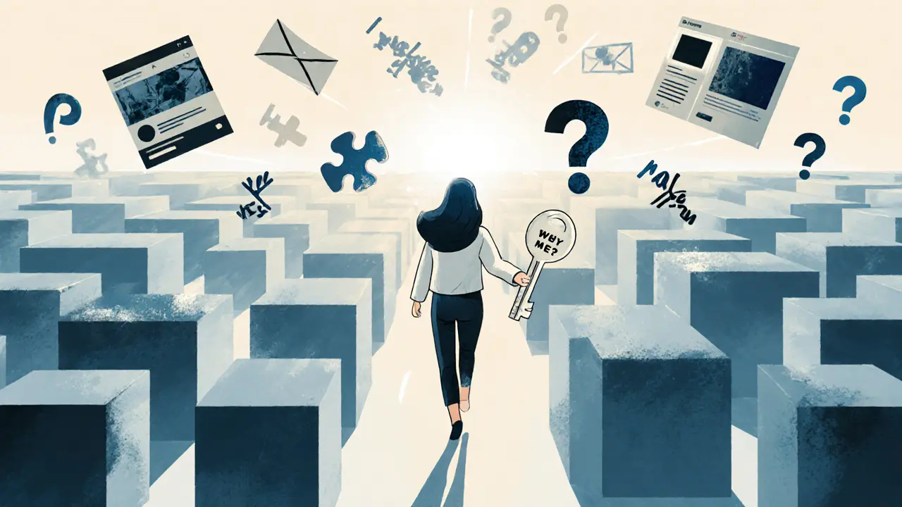Человек идёт по лабиринту из вопросов, держа ключ &#039;Почему именно я?&#039;, который освещает путь сквозь абстрактные посты и шаблоны.