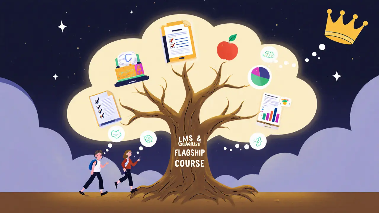 Дерево с продуктами в виде фруктов, растущее из LMS-корней