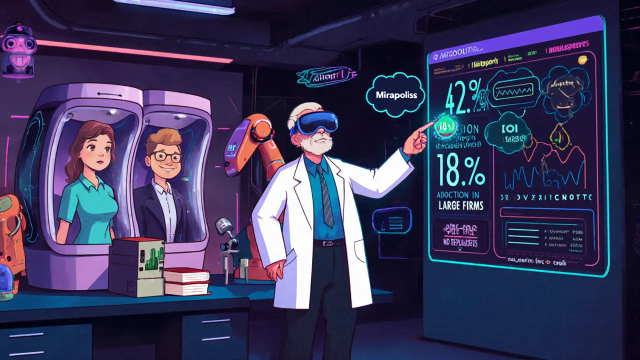 HR-лаборатория с роботами и дашбордом, показывающим рост использования симуляций в крупных компаниях.