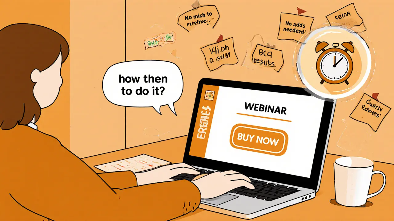 Лектор проводит вебинар, на экране — кнопка покупки с таймером, в воздухе — преимущества курса.