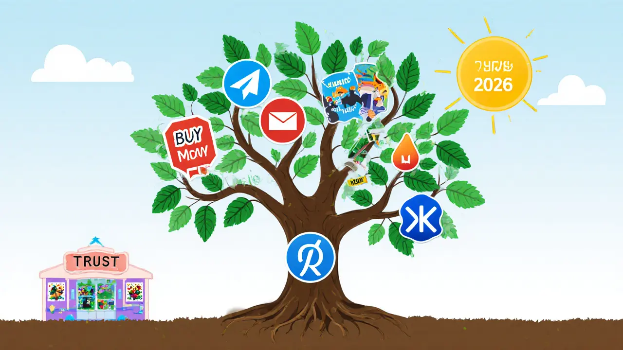 Логотип школы превращается в дерево доверия, уходящее корнями в Telegram, VK и Яндекс.