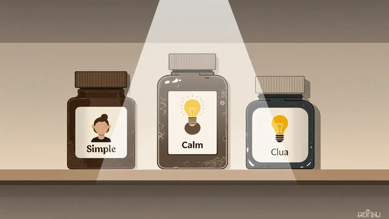 На полке три бренда — один простой, другой яркий, третий — с чёткой цветовой схемой и символом спокойствия, выделяется на фоне остальных.