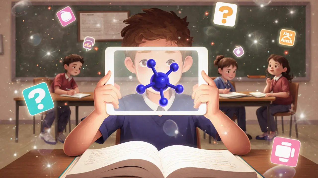 Ребёнок через планшет видит 3D-молекулу над рабочей тетрадью, другие ученики взаимодействуют с всплывающими вопросами и анимированными подсказками.