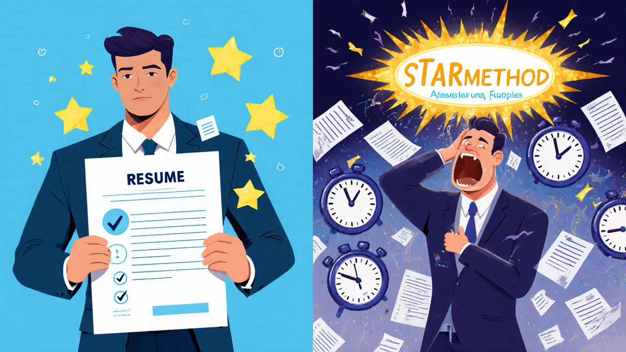 Сравнение: идеальный резюме слева и реальный стресс в работе справа, над ними — структура STAR.