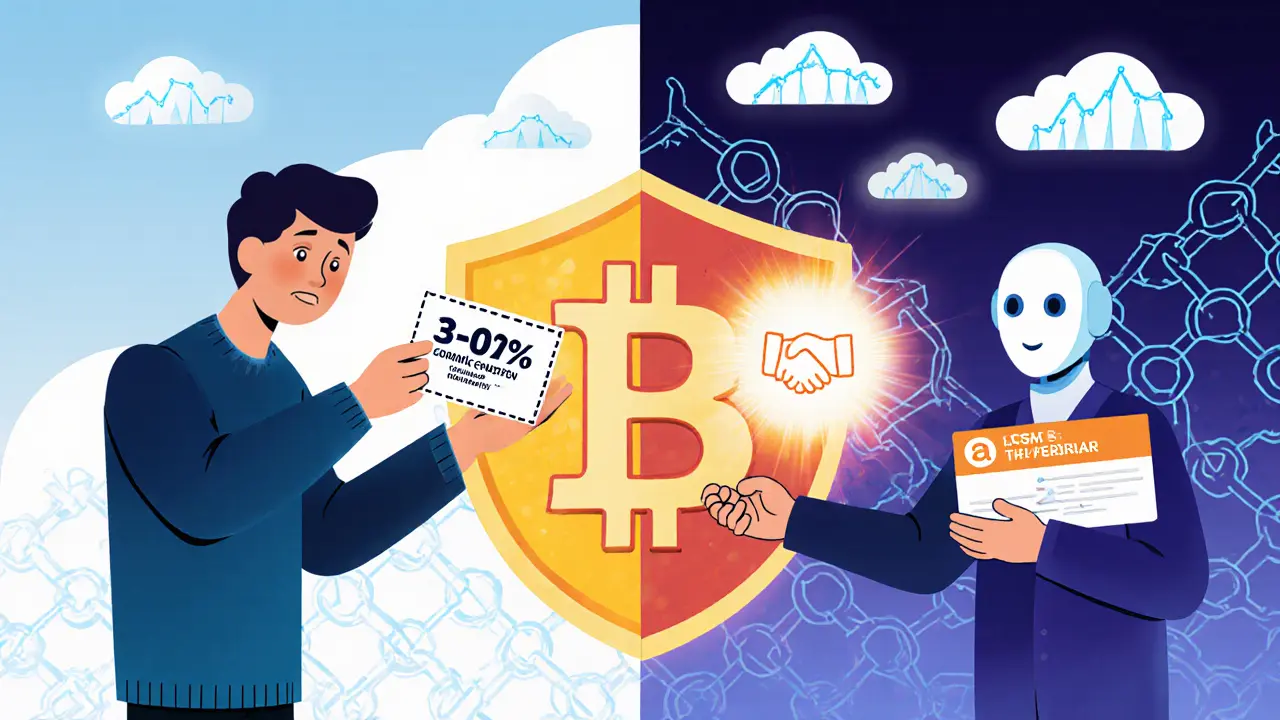 Сравнение: обычный промокод и персонализированный с бонусом, рядом — блокчейн-щит и ИИ-рука.