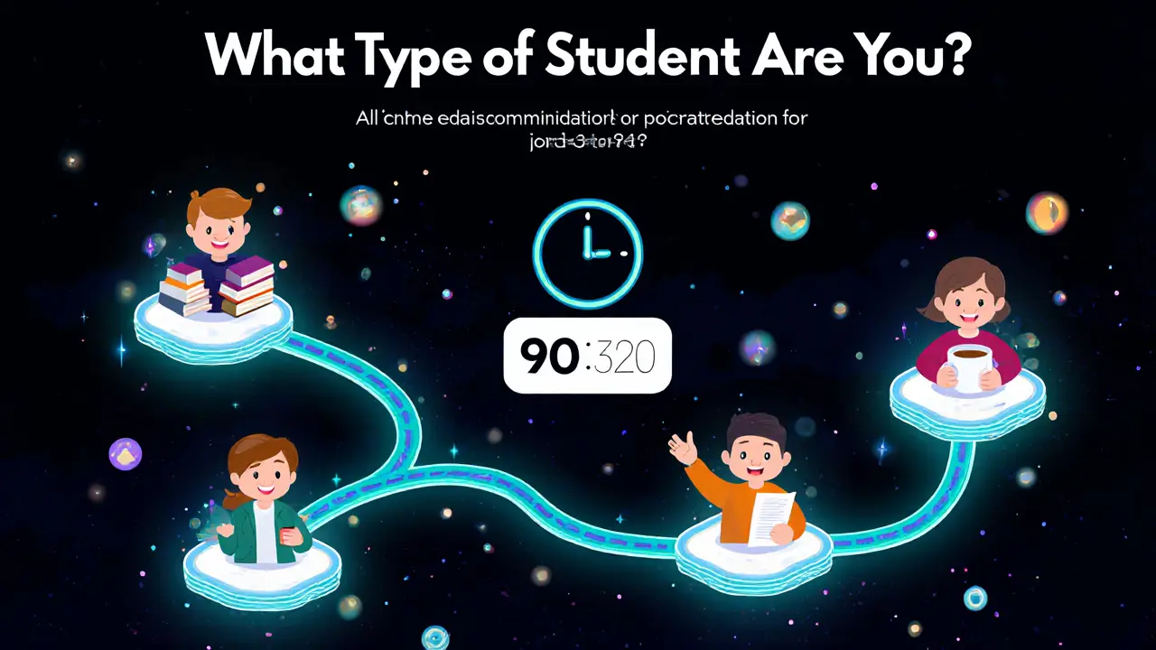 Тест на тип ученика с ветвящимися путями и персонализированными результатами, визуализированный как светящиеся тропы.