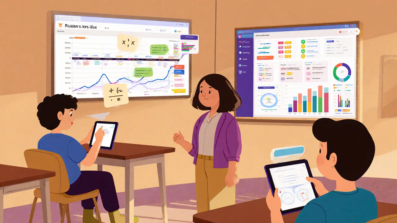 Ученики работают с планшетами в классе: один решает уравнение, другой сопоставляет исторические события, учитель наблюдает за панелью прогресса.