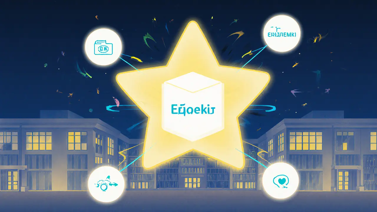 Звездообразная схема данных в школе: центральная таблица оценок связана с учениками, предметами и датами.