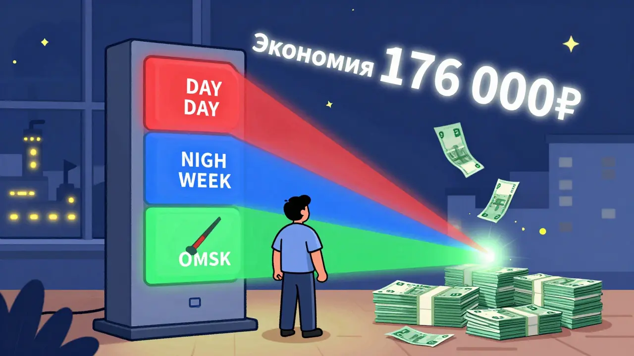 Бизнесмен смотрит на разделяющийся счетчик электроэнергии, цена падает на 176 000₽.