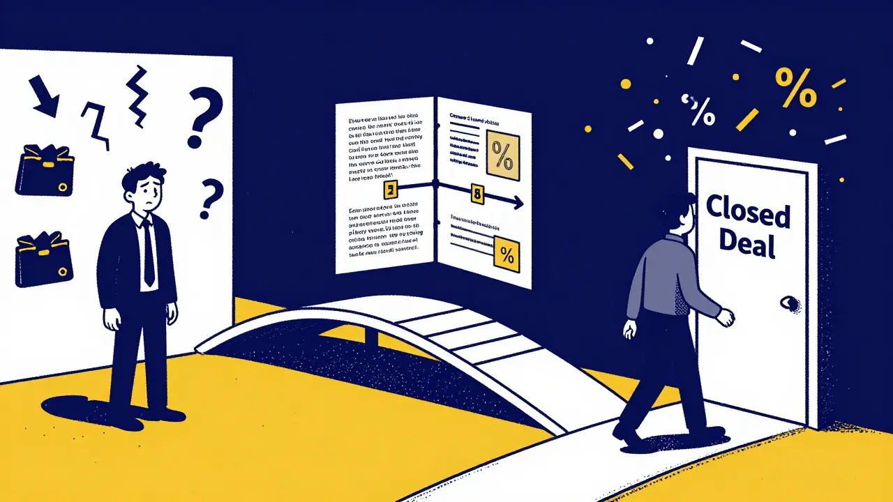 Человек проходит по мосту из кейсов от проблем к закрытой сделке, вокруг — цифры и символы успеха.