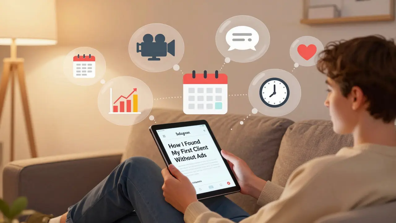 Человек с планшетом, вокруг него — мысленные образы календаря, видео, чата и других элементов контент-стратегии.