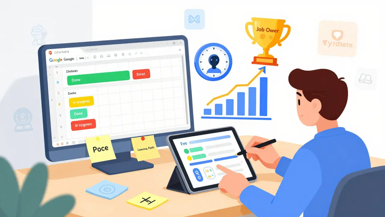 Человек создает дорожную карту обучения с таблицей, таймером и ИИ-помощником в стиле Atoomstijl