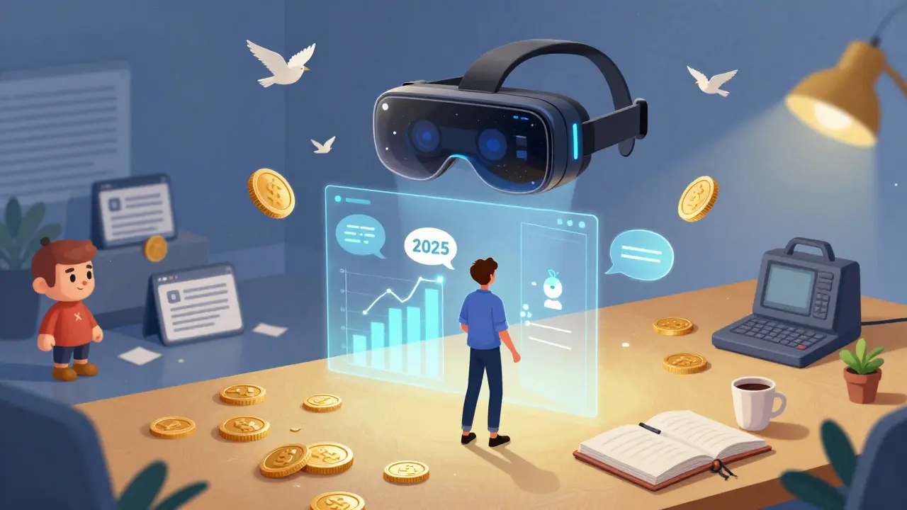 Человек в AR-очки смотрит на голографический рынок, шагая в будущее торговли.