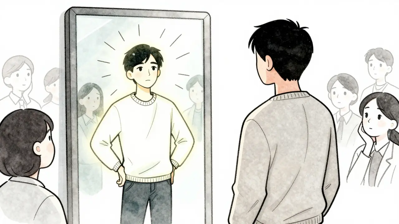 Человек в свитере, чья отраженная версия сияет уверенностью, окруженная эмоциональными символами.