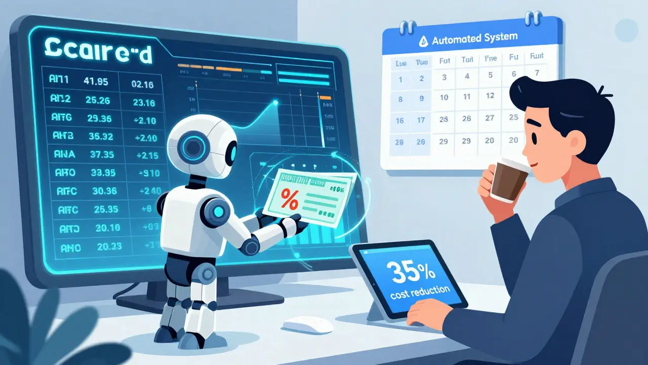 Цифровая панель с автоматизированными расчетами зарплат, роботы раздают выплаты, связанные с удержанием учеников, современный стиль.