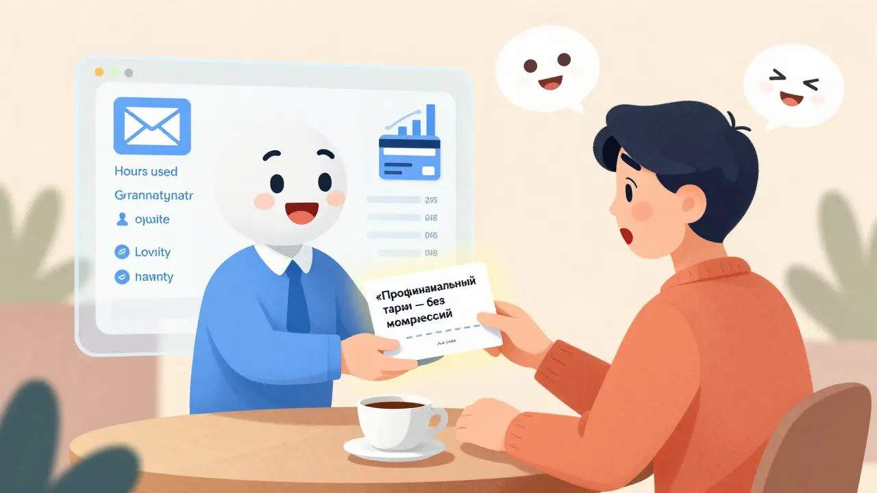 Цифровой помощник предлагает персональный тариф клиенту за кофе, вокруг — аналитика.