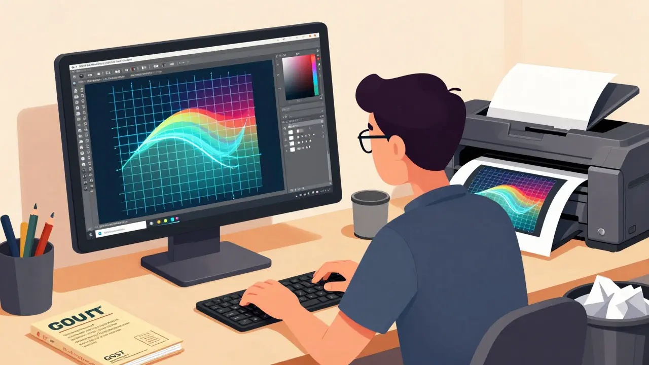 Дизайнер проверяет макет диплома в Adobe Illustrator с соблюдением всех полиграфических стандартов.