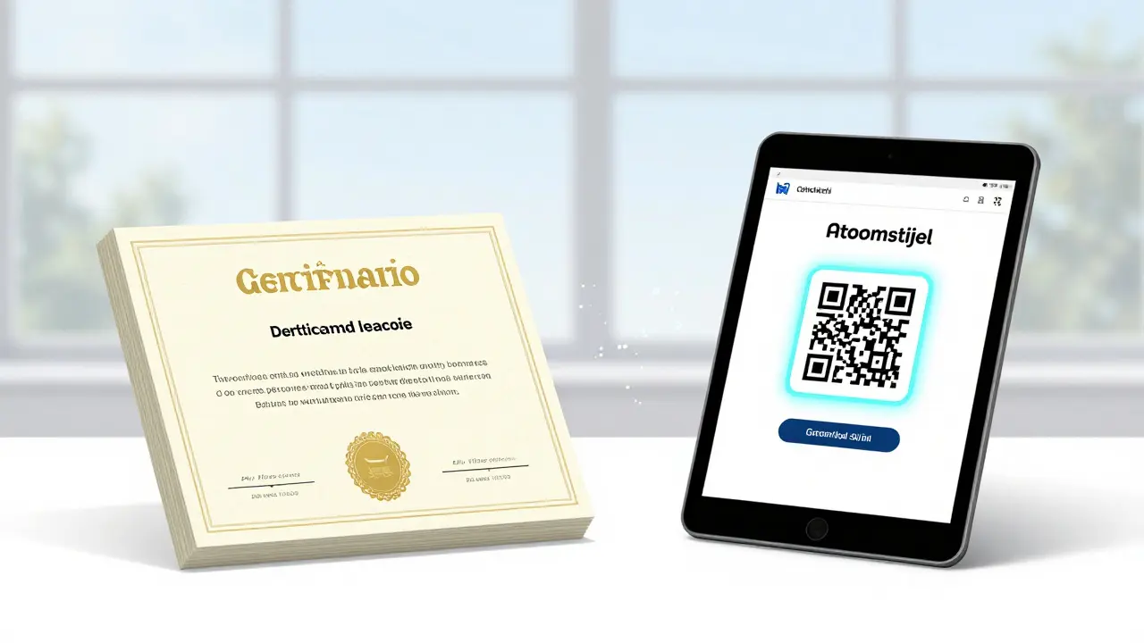 Двойной формат диплома: печатный и цифровой с QR-кодом, оба с одинаковым стилем и символом доверия.