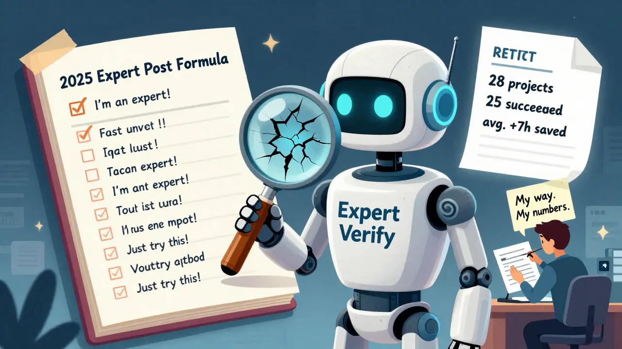 ИИ-робот проверяет пост на подлинность: фейковый пост трескается, а настоящий с цифрами светится, владелец убирает шаблонный текст.