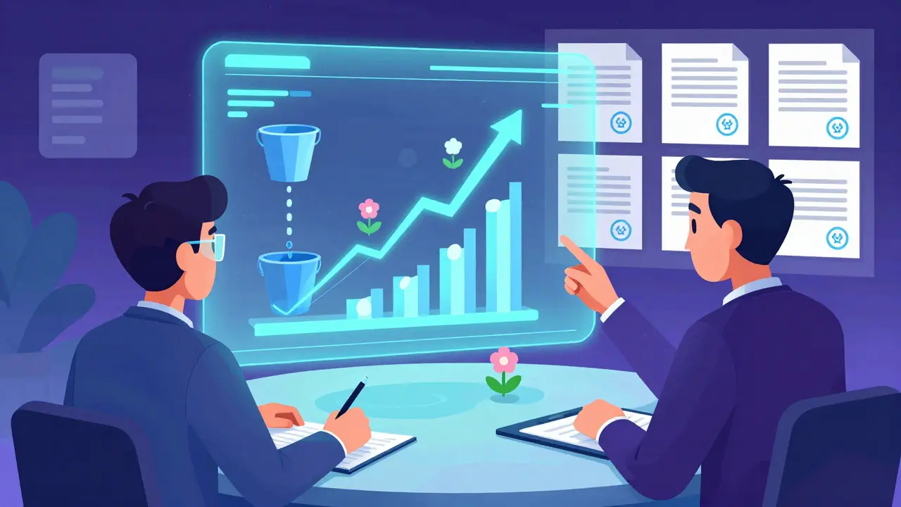 Клиент в AR-очках наблюдает, как воронка продаж превращается в цветущую схему с блокчейн-подтверждениями.