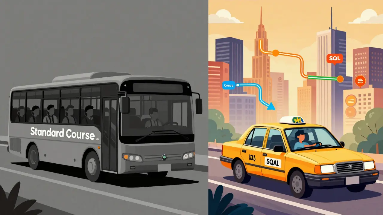 Контраст между серым автобусом и ярким такси персонализированного обучения в стиле Atoomstijl