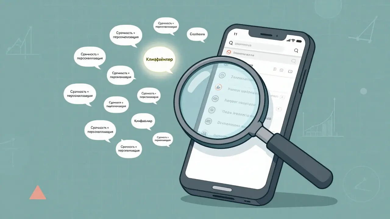 Мagnifying glass над смартфоном с 25 формулами тем писем, одна светится ярче