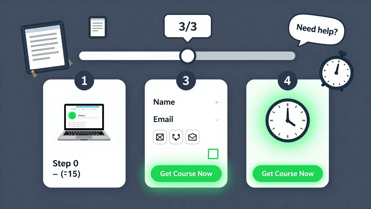 Простая трехшаговая форма оплаты с прогресс-баром и кнопкой 'Получить курс сейчас'.