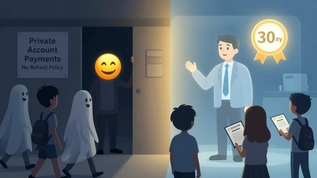 Разделенная сцена: мошенник прячется за обманом, а честный преподаватель получает доверие с гарантией возврата.